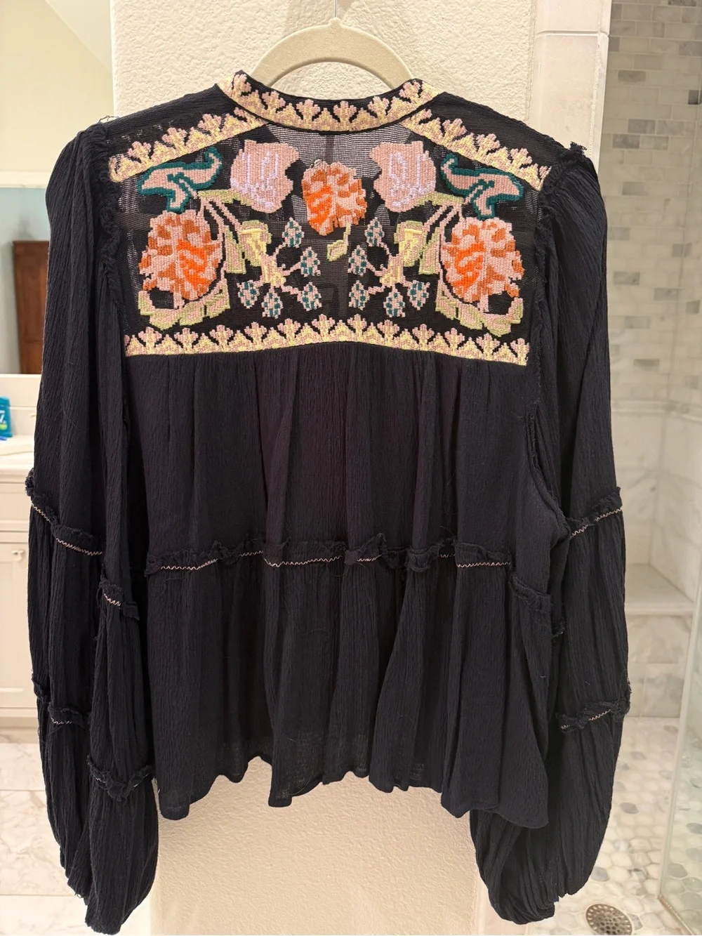 Free People Embroidered Black Peasant Blouse with Floral Yoke
